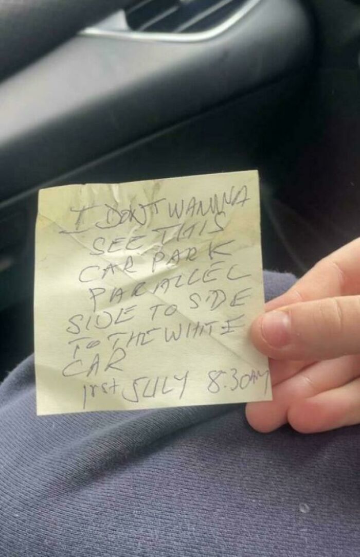 A handwritten note complaining about bad parking, emphasizing the frustration with jerk neighbors.