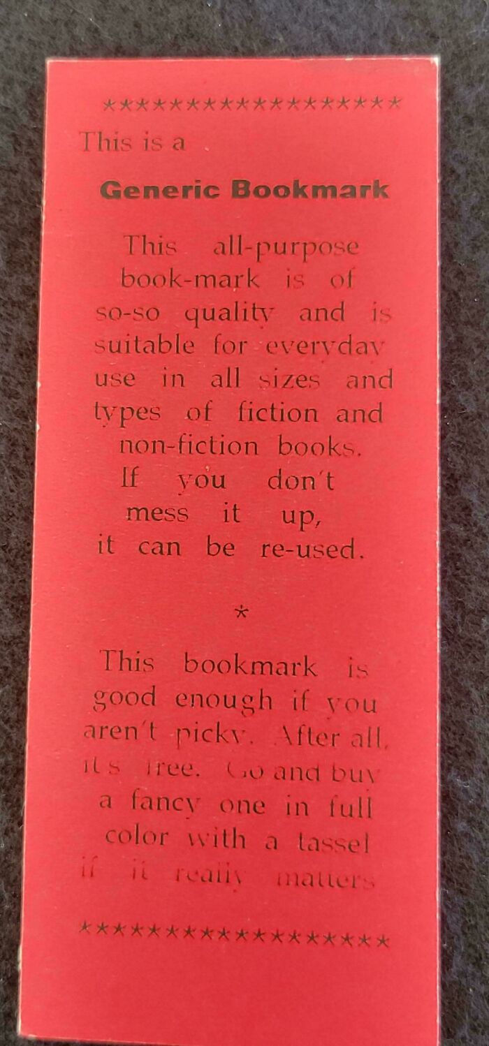 A red bookmark with the text This is a Generic Bookmark, a simple yet telling piece of ephemera from the past.