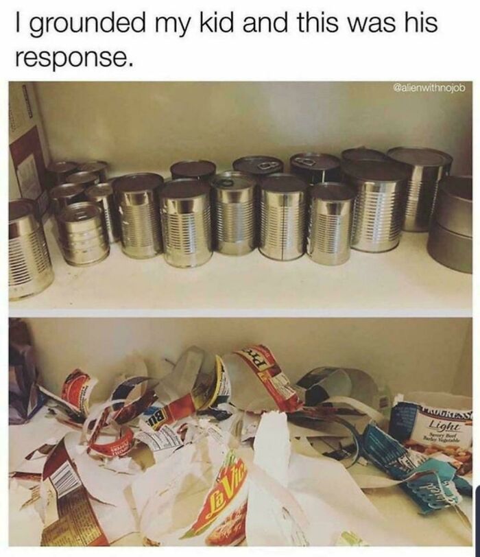 A split image shows a shelf with neatly stacked cans above a shelf with a mess of empty wrappers and trash, highlighting a parent's challenge.