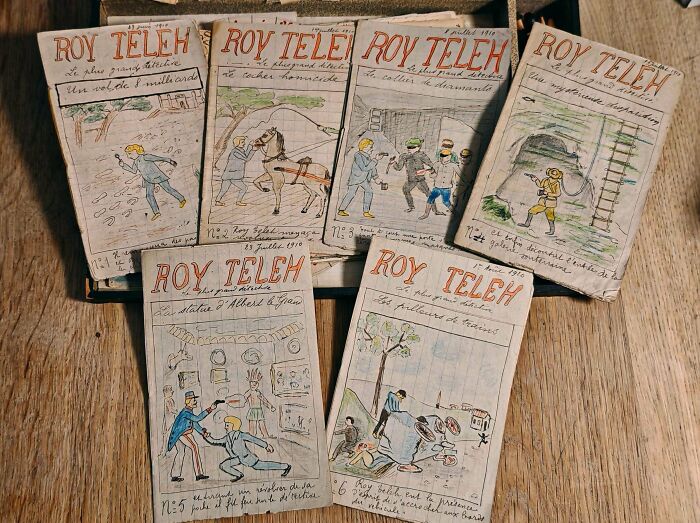 A collection of old, hand-drawn comic books titled ROY TELEH, illustrating fascinating ephemera from a bygone era.