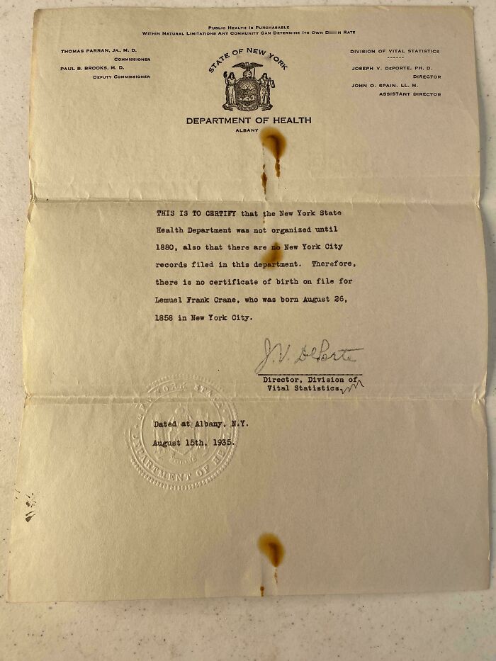 A New York State Department of Health document, a fascinating piece of ephemera showing how the past has changed.