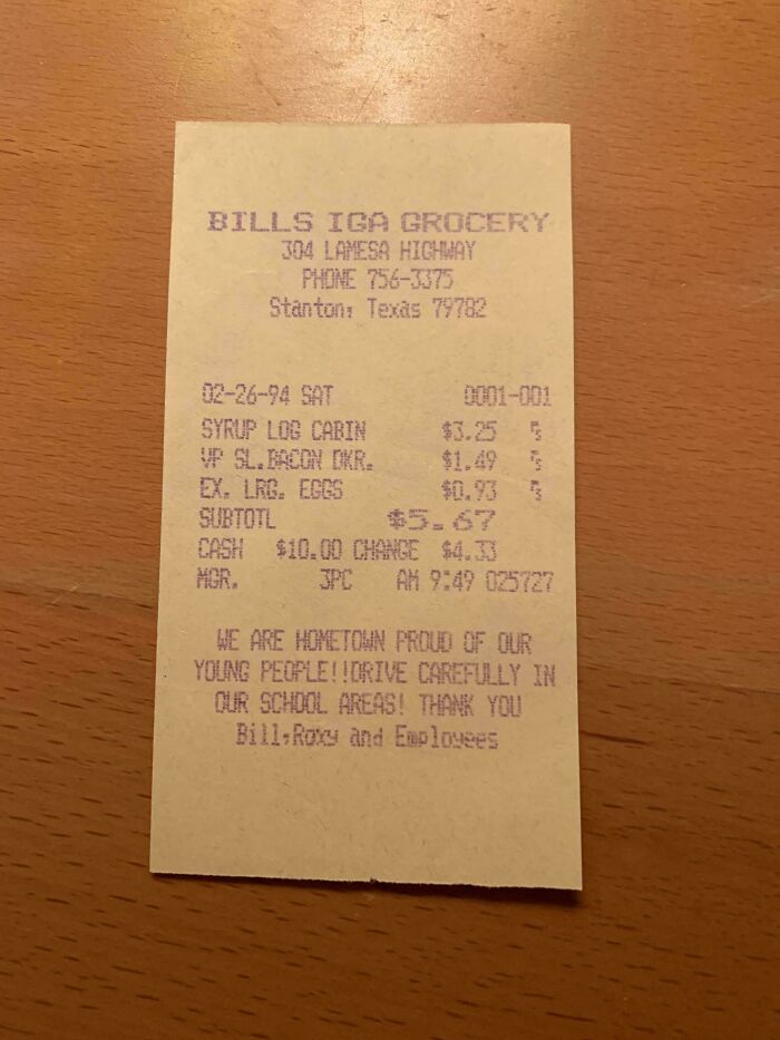 An old grocery receipt from Bills IGA Grocery, a fascinating piece of ephemera showing how the past has changed.