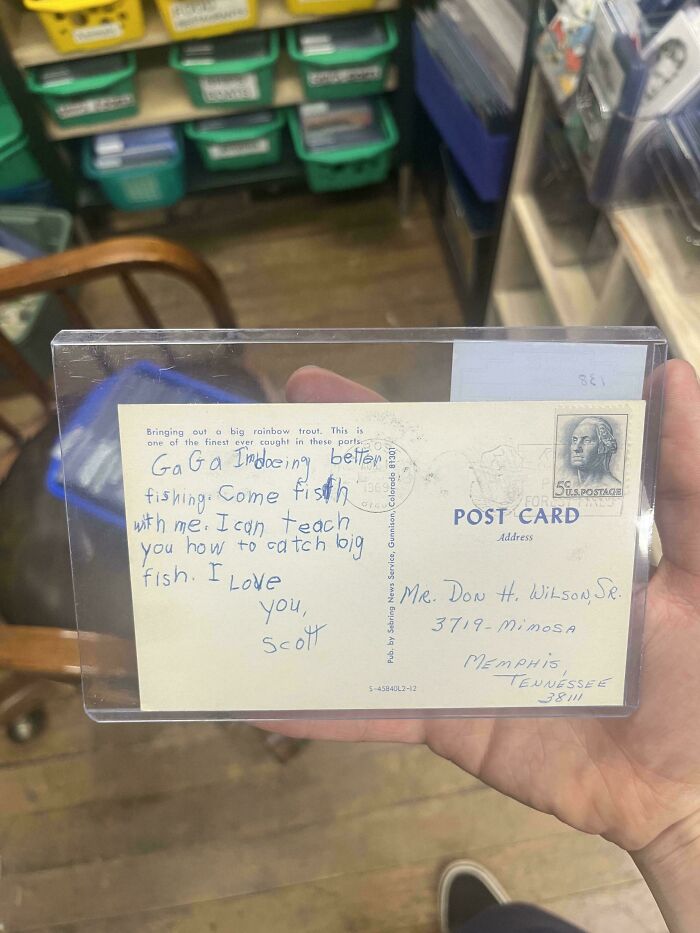 A handwritten postcard, an example of ephemera, with a vintage stamp showcasing how much the past has changed.