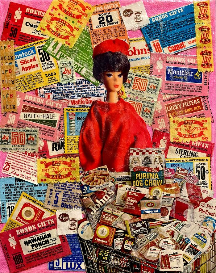 Collage of colorful ephemera like grocery store stamps, coupons, and product labels surrounding a Barbie doll.