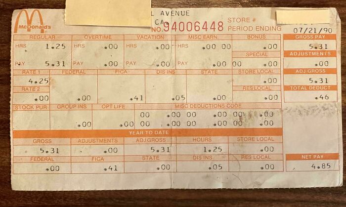 A McDonald's pay stub, an interesting piece of ephemera showing earnings from July 1990.