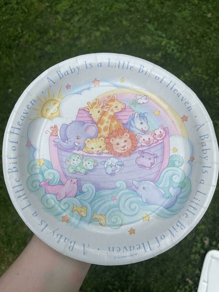A baby shower paper plate with Noah's Ark, showcasing ephemera from the past.