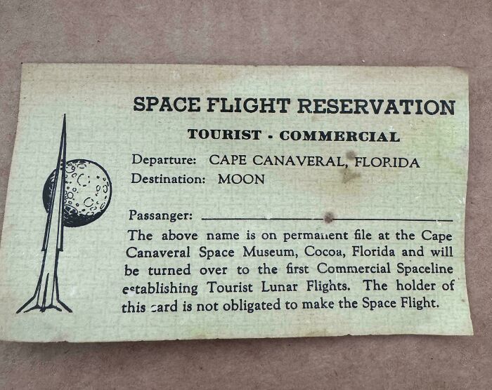 A retro space flight reservation ticket to the moon from Cape Canaveral, showing how much the past has changed.