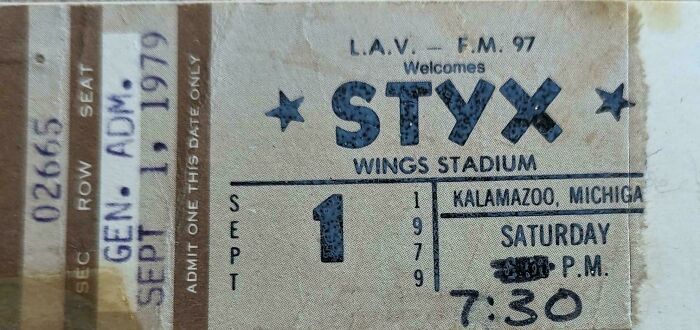 A vintage concert ticket for STYX at Wings Stadium in 1979, a fascinating piece of music ephemera from the past.