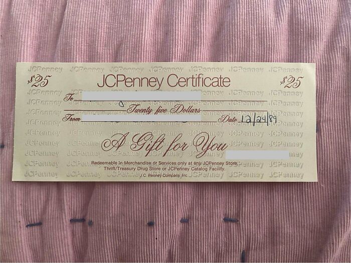 A JCPenney gift certificate for $25 from 1989, an intriguing piece of ephemera showing past changes.