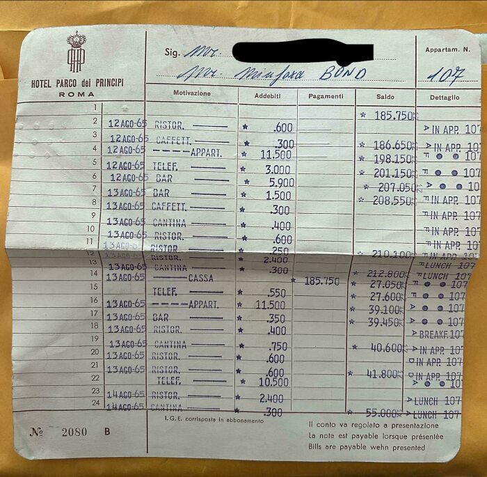 An old hotel bill from Rome, with itemized charges, reflecting how much the past has changed through ephemera.