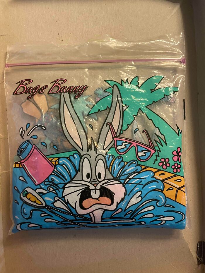A Bugs Bunny pool float in a bag, a nostalgic piece of ephemera that shows how much the past has changed.