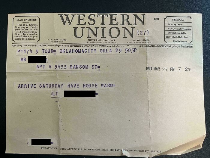 A folded Western Union telegram from 1943, an example of fascinating ephemera showing how the past has changed.