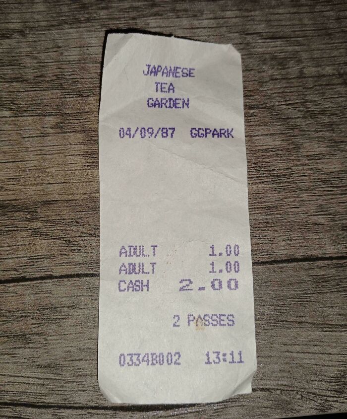 A receipt from the Japanese Tea Garden dated 1987, a fascinating piece of ephemera.