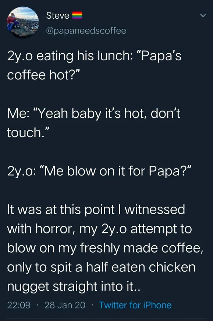 A tweet about a 2-year-old spitting a chicken nugget into coffee, a funny moment for parents.