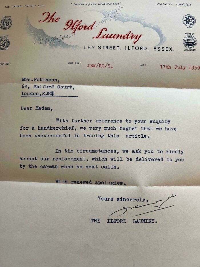 A vintage letter from The Ilford Laundry, a piece of ephemera showing how much the past has changed.