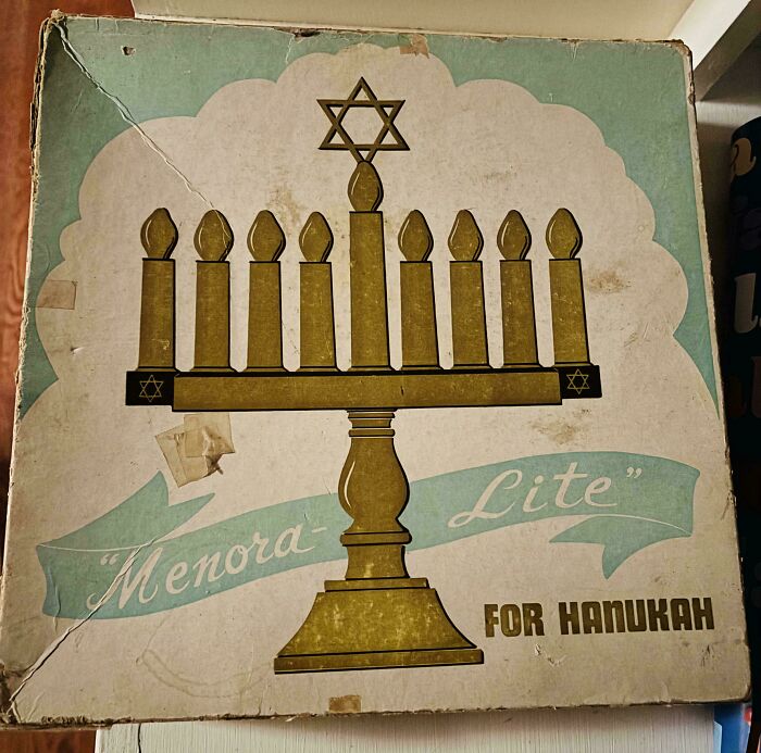 A vintage box for a Menora Lite for Hanukah, a fascinating piece of ephemera that shows how the past has changed.