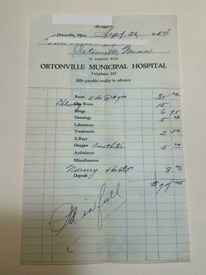 A 1954 hospital bill for Ortonville Municipal Hospital, a piece of ephemera showing past costs.