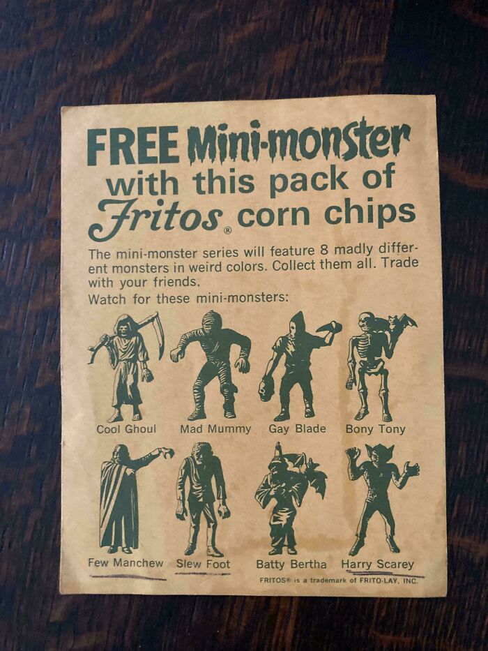 A vintage Fritos ad offering free mini-monster toys, a fascinating piece of ephemera showing past marketing.