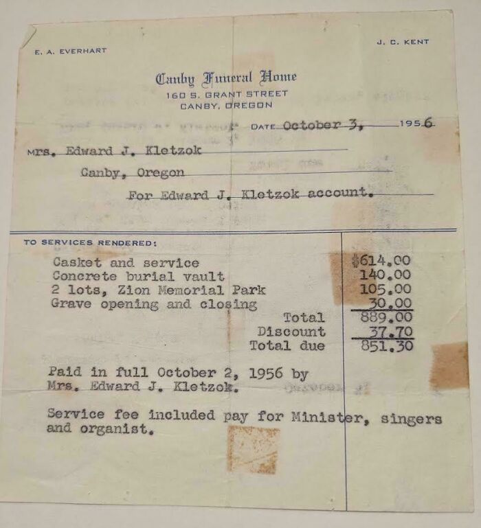An old funeral home bill from 1956, a piece of ephemera illustrating how the past has changed.