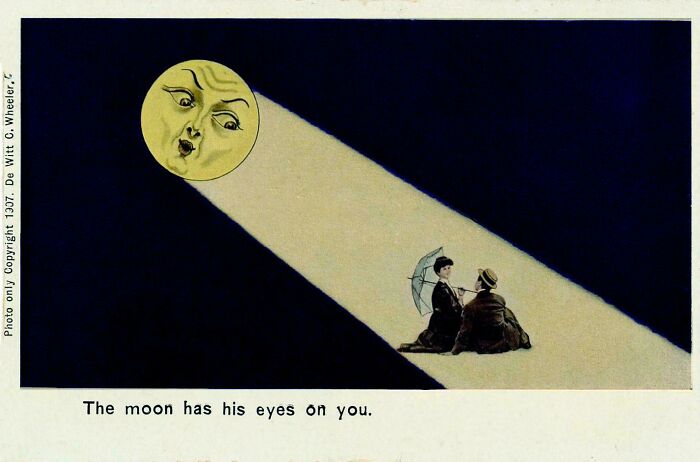 A vintage postcard depicting a surprised moon shining a spotlight on two figures, a captivating piece of ephemera from the past.