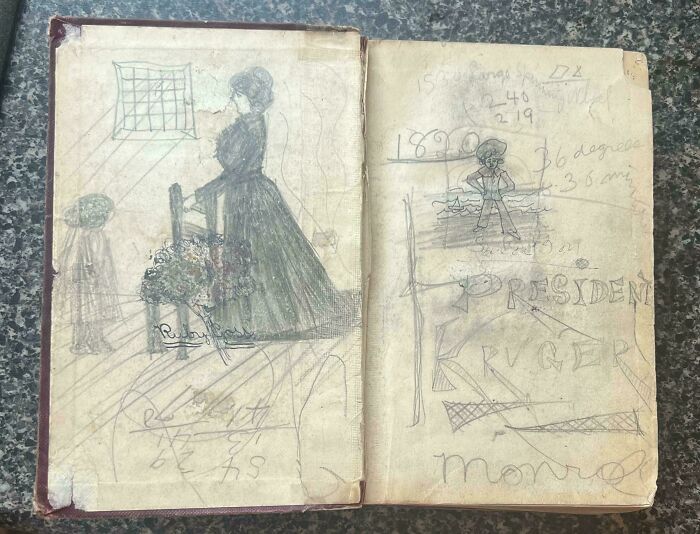An old, open sketchbook filled with various pencil drawings and notes, an example of fascinating ephemera from the past.