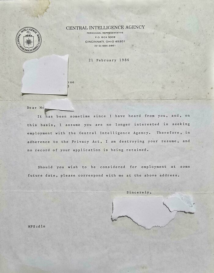 A vintage letter from the Central Intelligence Agency, an intriguing piece of ephemera showing how the past has changed.