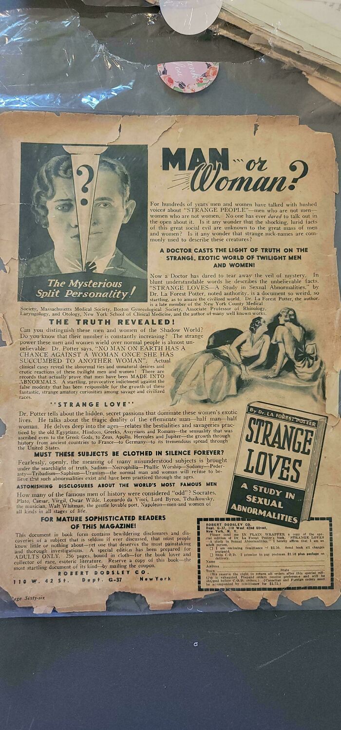 An old, crinkled magazine page with the headline Man or Woman?, a fascinating piece of ephemera revealing the past.