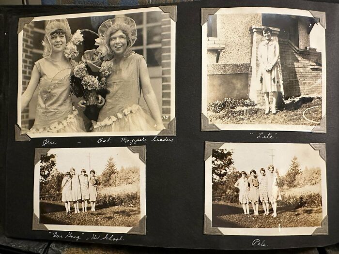 An old photo album with black and white pictures of women, showcasing fascinating ephemera from the past.