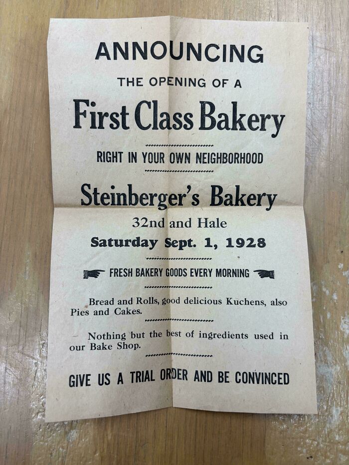 A vintage advertisement for Steinberger's Bakery, opening Sept. 1, 1928, showing how much the past has changed.