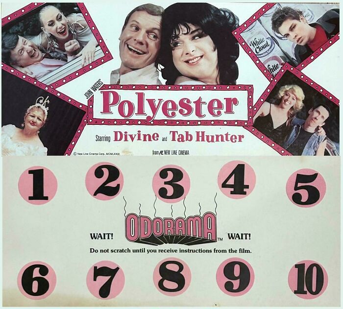 The movie poster for Polyester and an Odorama scratch card with numbers 1-10, showcasing fascinating ephemera.