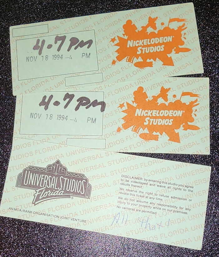 Two tickets to Nickelodeon Studios and Universal Studios Florida from November 18, 1994, examples of historical ephemera.