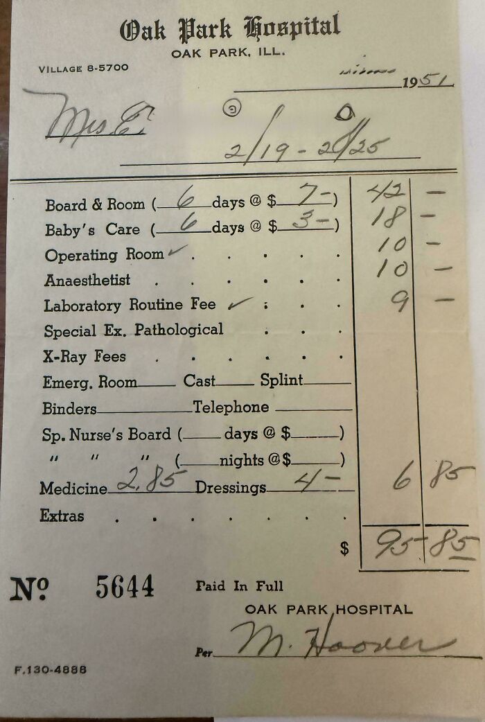 An old hospital bill from 1951, a fascinating piece of ephemera showing how the past changed.