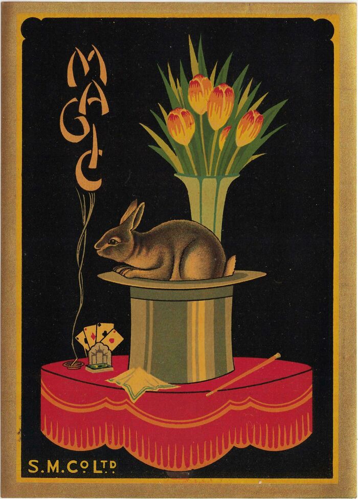 An old magic poster with a rabbit in a hat, a fascinating piece of ephemera from the past.