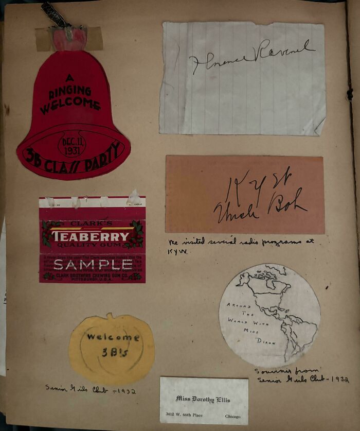 Vintage ephemera from a scrapbook including a bell cutout and chewing gum wrapper from the past.