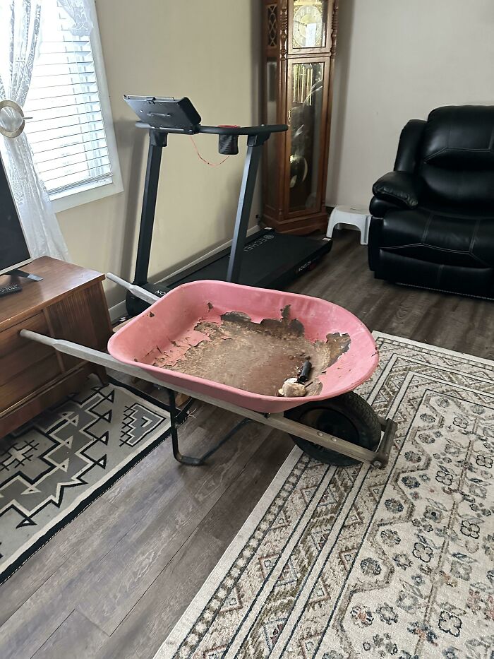 A pink wheelbarrow filled with dirt inside a living room, a prime example of parents dealing with unexpected situations.