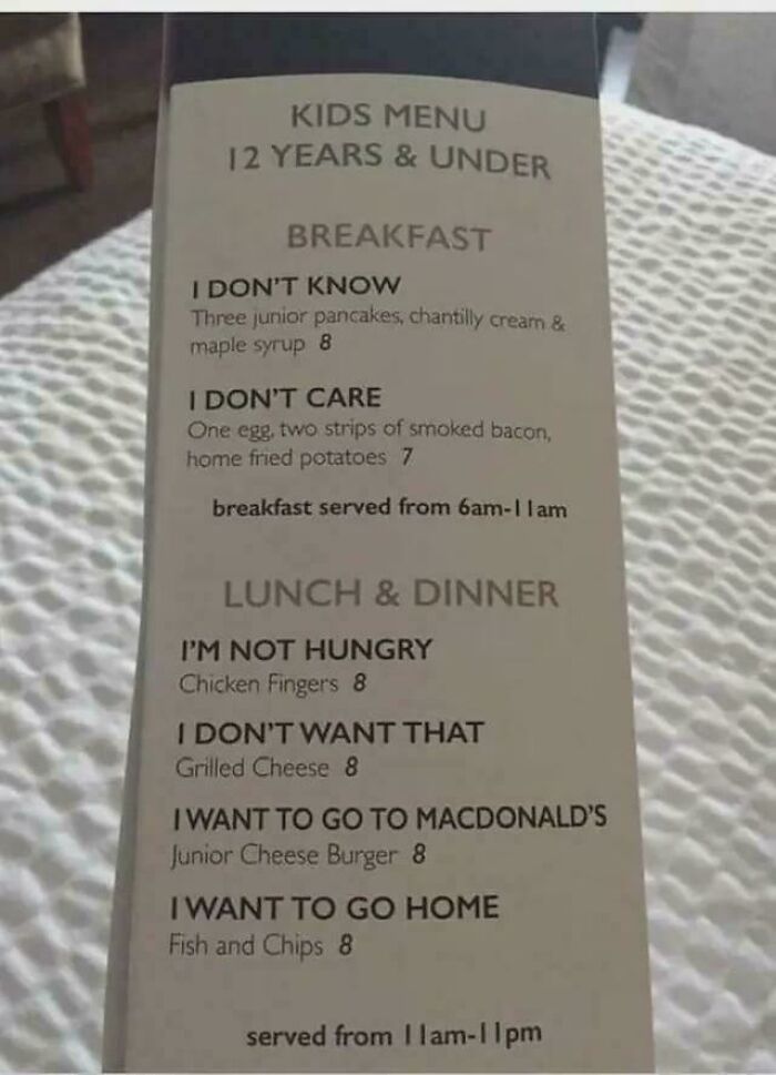 A kids menu featuring unhelpful item names like "I Don't Know" and "I Don't Care," leaving parents thinking "Why did I sign up for this?"