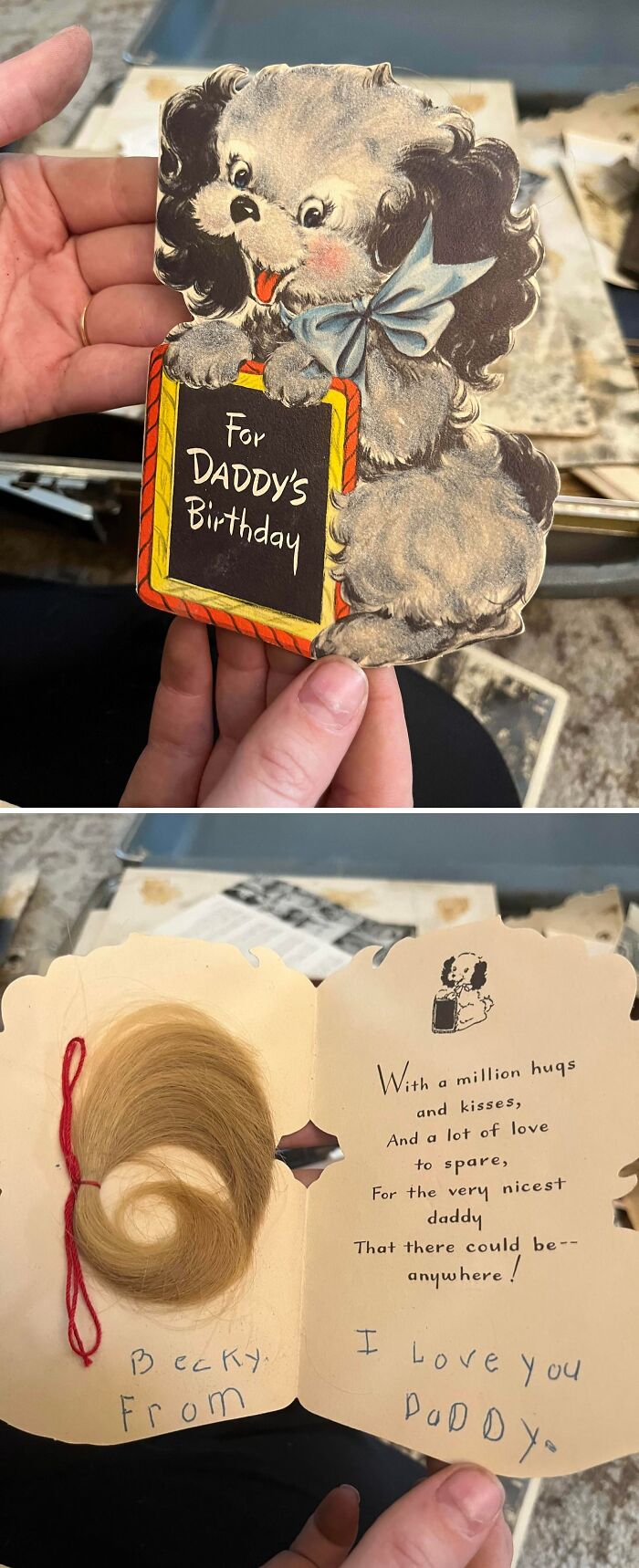A vintage birthday card for Daddy with a lock of hair, a fascinating piece of ephemera showing how the past has changed.