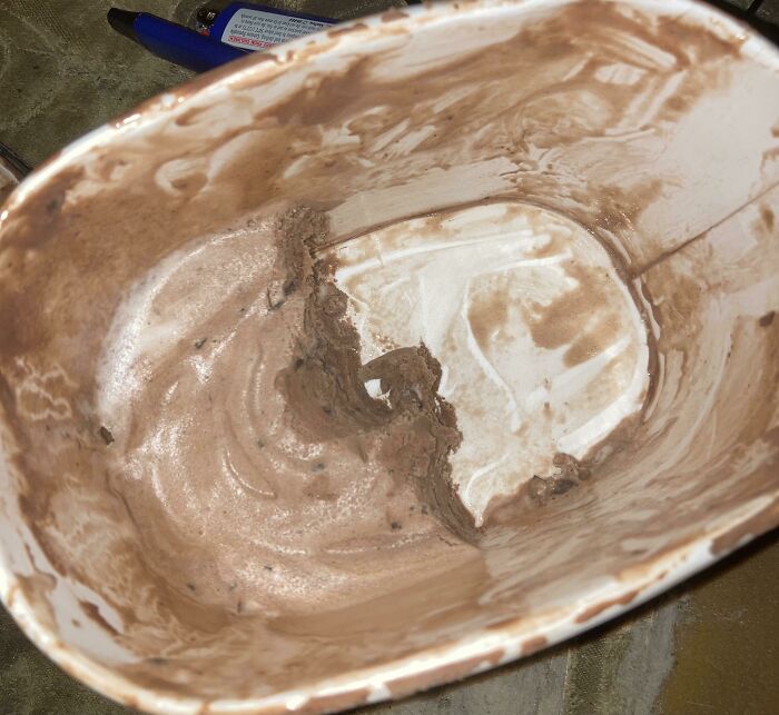 An empty ice cream container with chocolate residue, making becoming a cat lady look attractive.