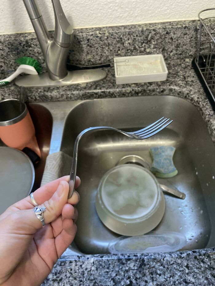 Bent fork in a messy kitchen sink, highlighting why becoming a cat lady is more attractive.