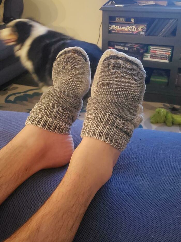 Feet wearing scrunched socks, with a dog in the background, making becoming a cat lady more attractive.