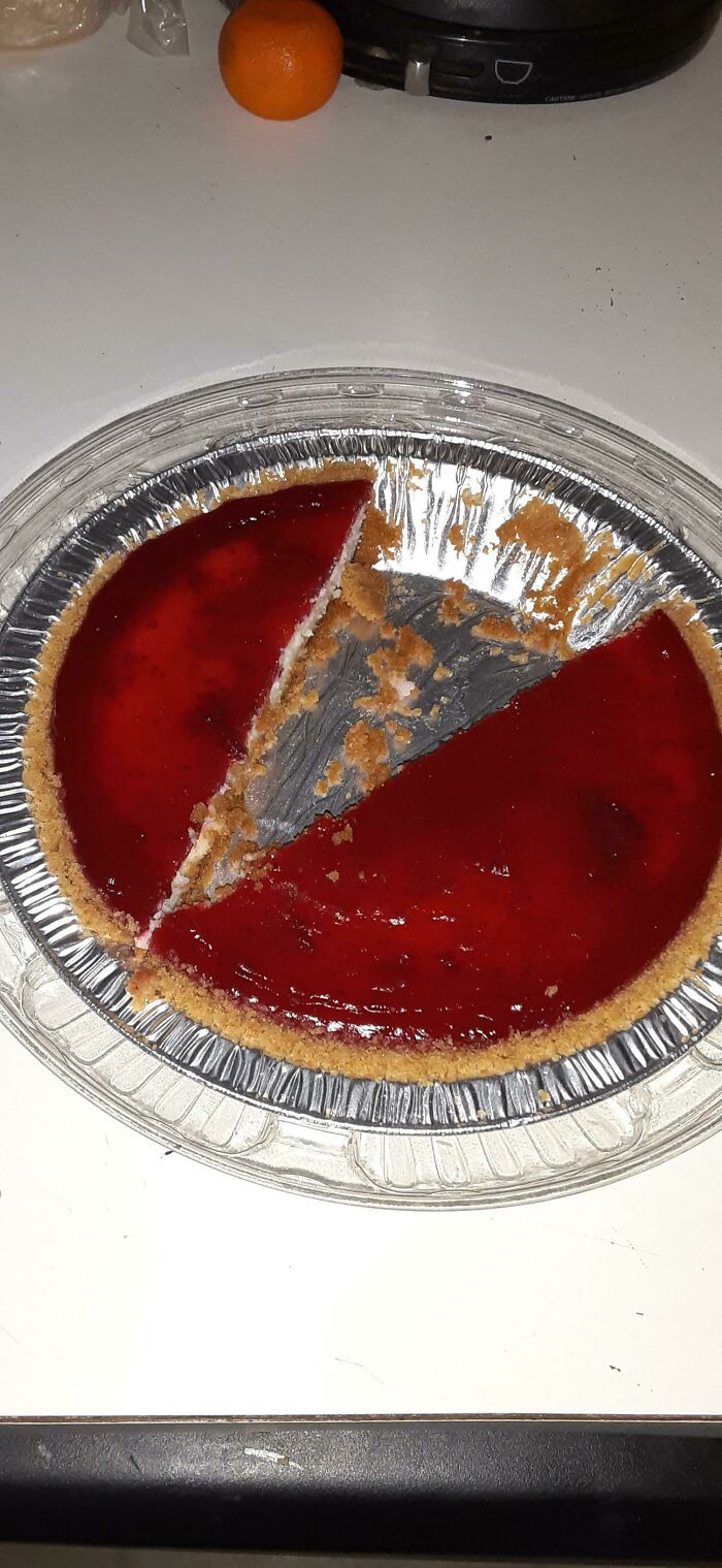 A pie with two irregular slices removed, demonstrating inconsiderate actions that make becoming a cat lady look attractive.