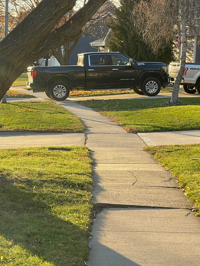 A large black pickup truck, showcasing bad parking, is parked on the grass blocking a public sidewalk.