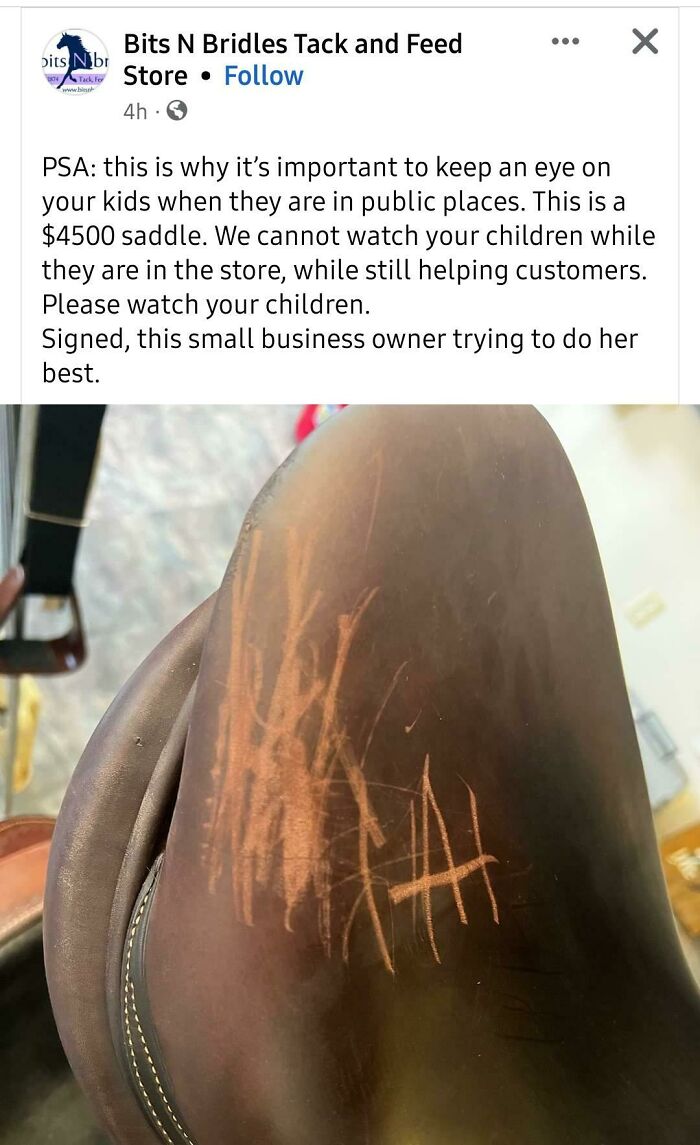 A close-up of a scratched brown leather saddle, illustrating the daily struggles of parents.
