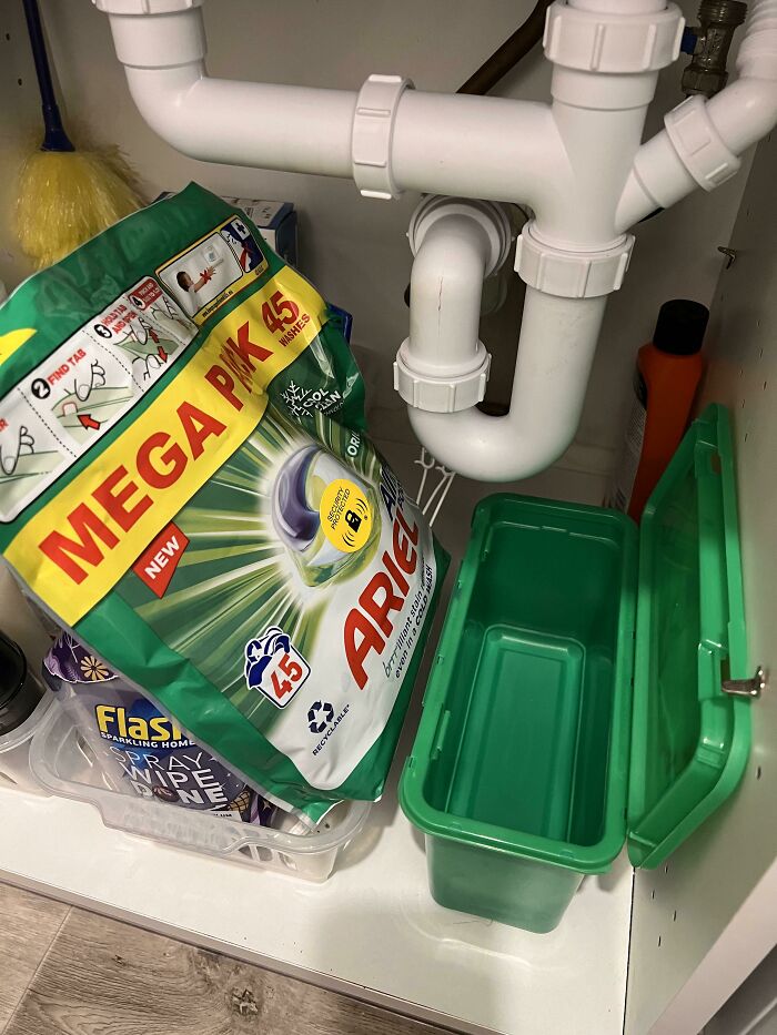 Laundry detergent and an empty container under a sink, depicting a domestic scene that could lead to a cat lady life.