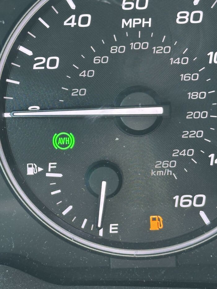 A car dashboard with the fuel gauge on empty and an AVH light on, making becoming a cat lady look more attractive.