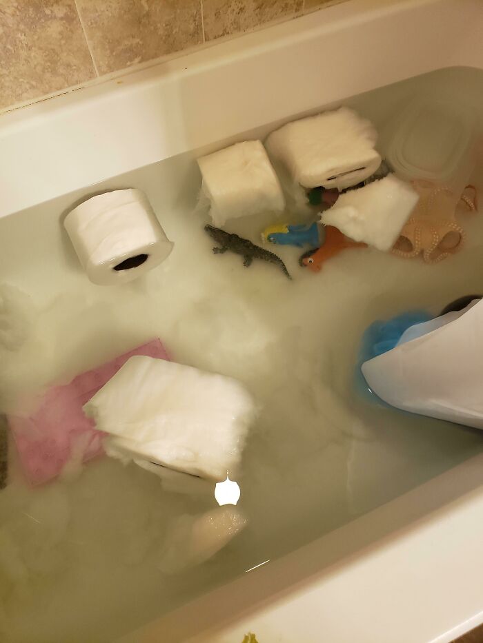 A bathtub filled with water, toilet paper, toys, and sponges, a mess only parents would understand.