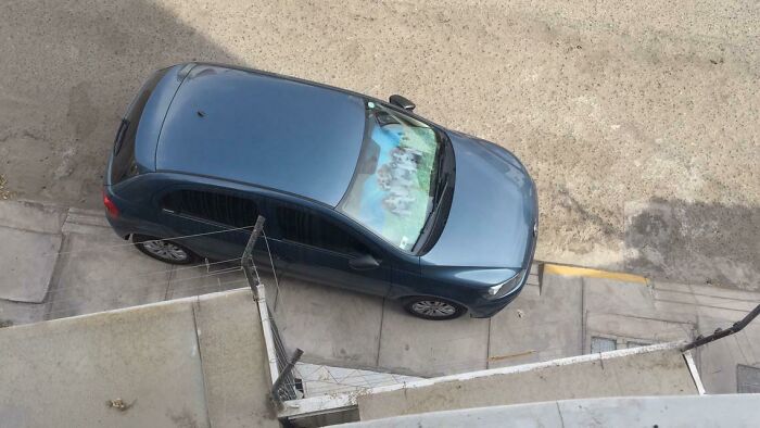 A blue car showing an urgent parking lesson, parked diagonally across a curb and sidewalk from an aerial view.