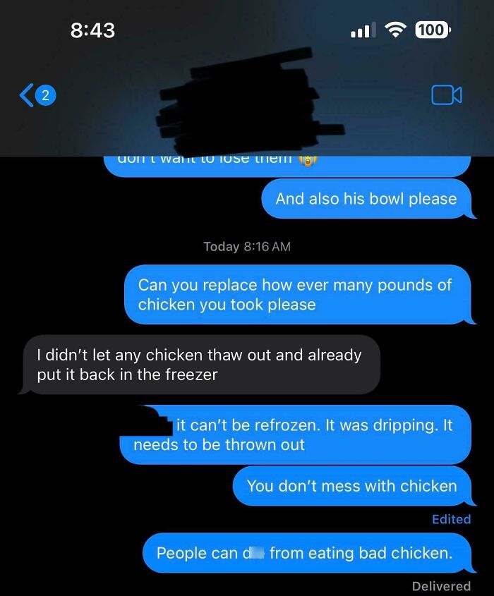 A screenshot of a text message exchange about bad chicken in a relationship, illustrating why cat lady life is attractive.