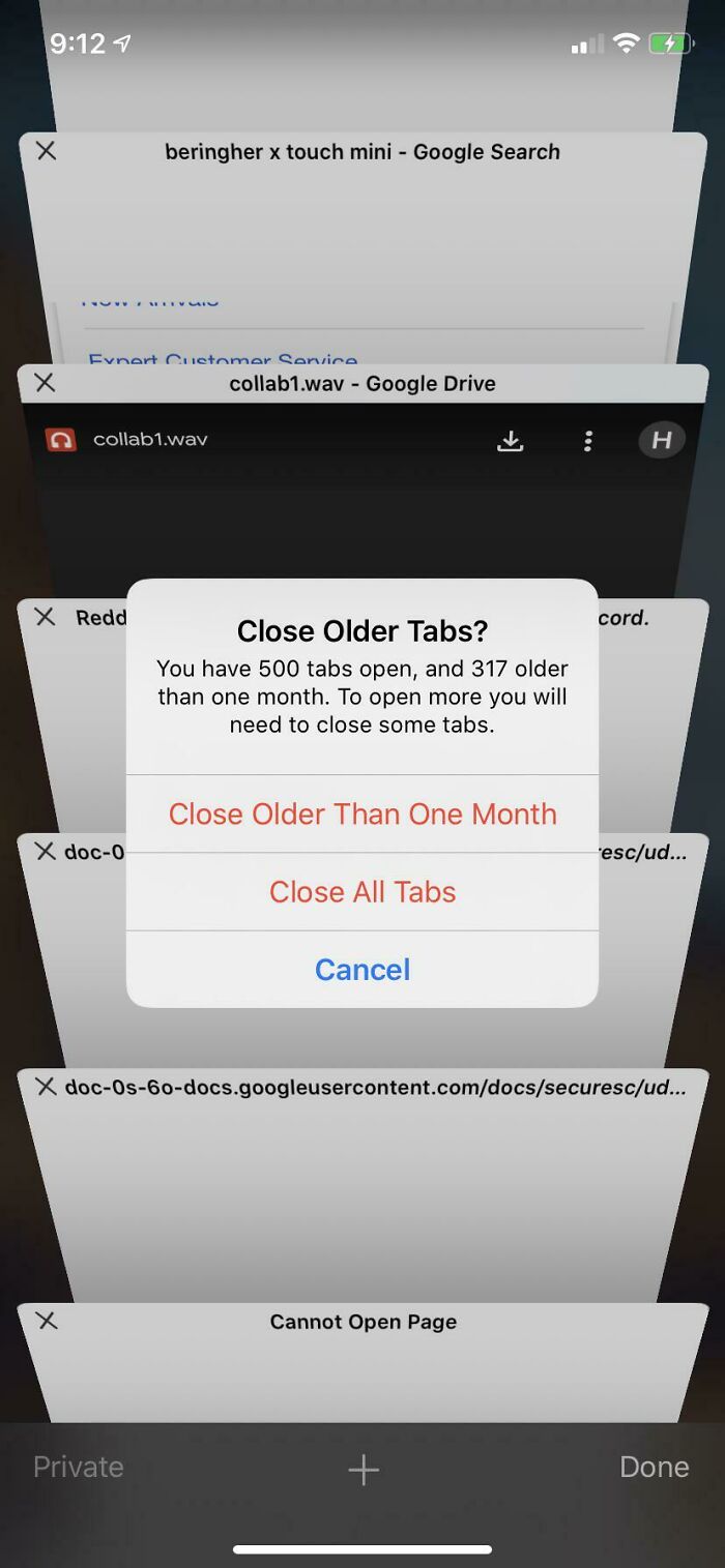 A phone screen showing a pop-up to close 500 browser tabs, reflecting a cluttered digital life in relationships.