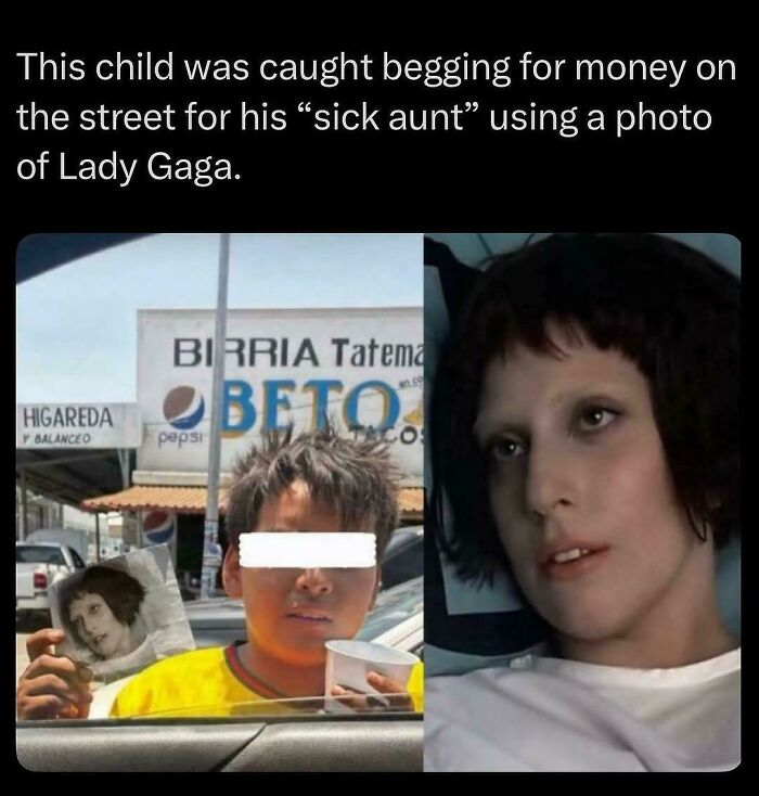 A split image shows a child begging on the street with a photo of Lady Gaga, and an image of Lady Gaga.